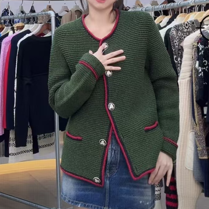 未使用 MIU MIU/缪缪 Miu Miu 针织镶边圆领夹克 绿色38