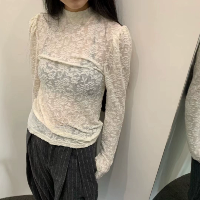 高端货~韩国面料金丝绒蕾丝衫女秋冬新款加厚高龄叠穿打底衫