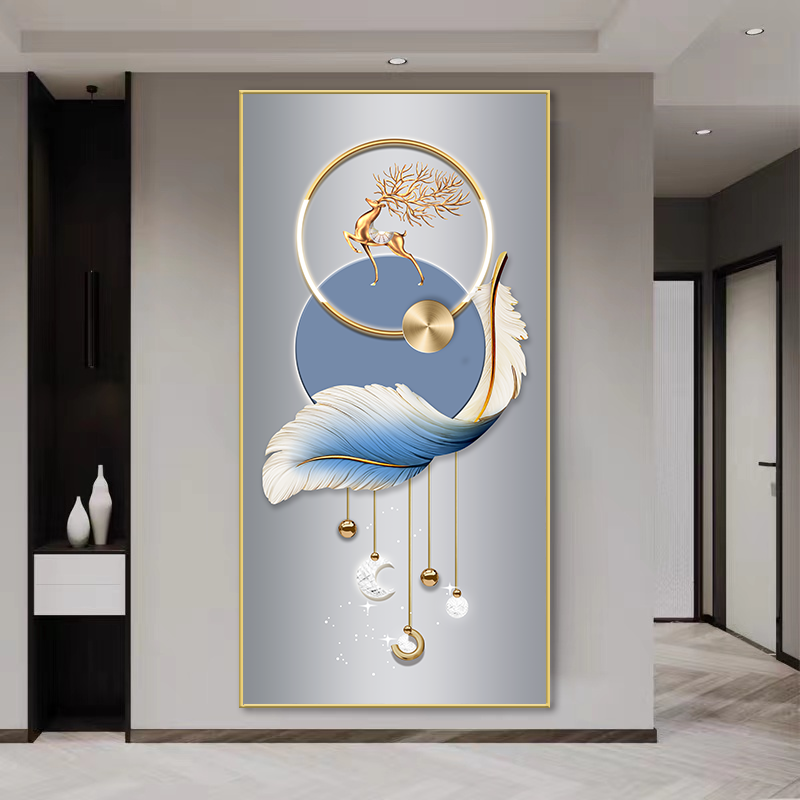 金鹿飞羽星月相映现代简约轻奢晶瓷玄关挂画背景玄关装饰画X531-7