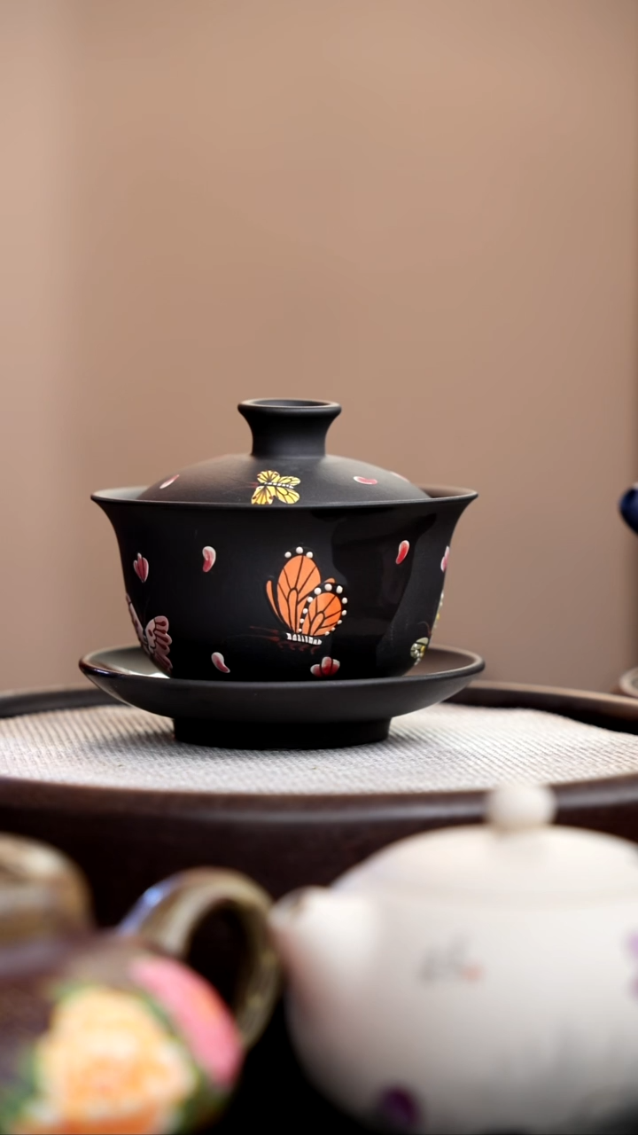 茶壶紫砂云雾天青蝴蝶三才盖碗