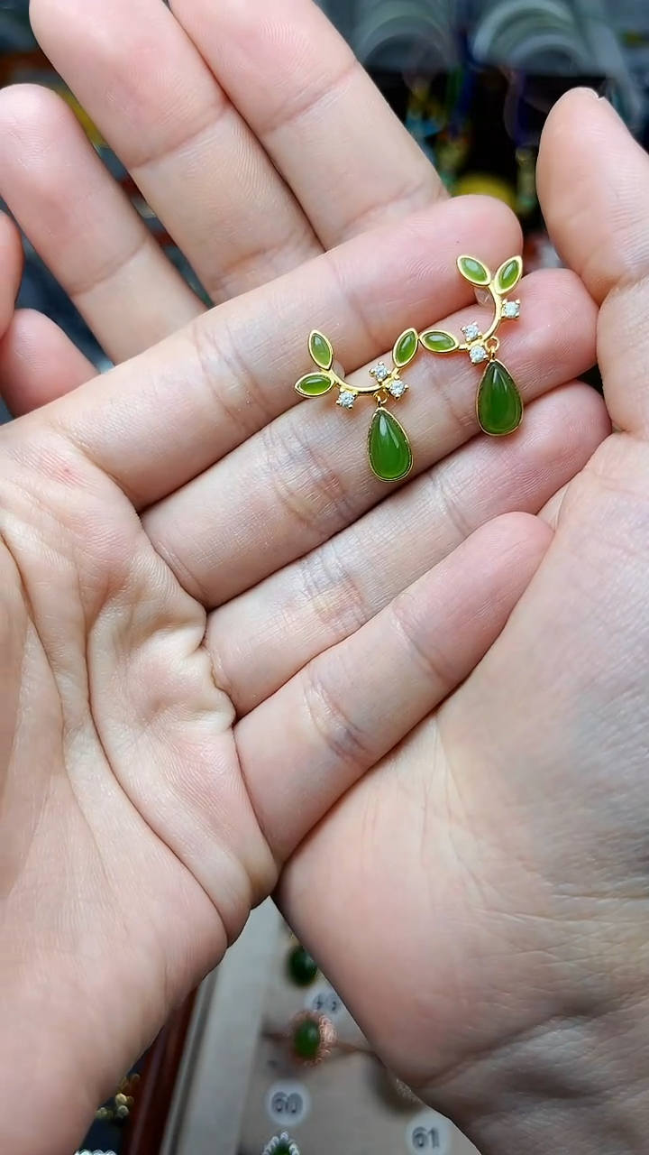 银S925镶嵌和田玉耳饰肉*繁花 06