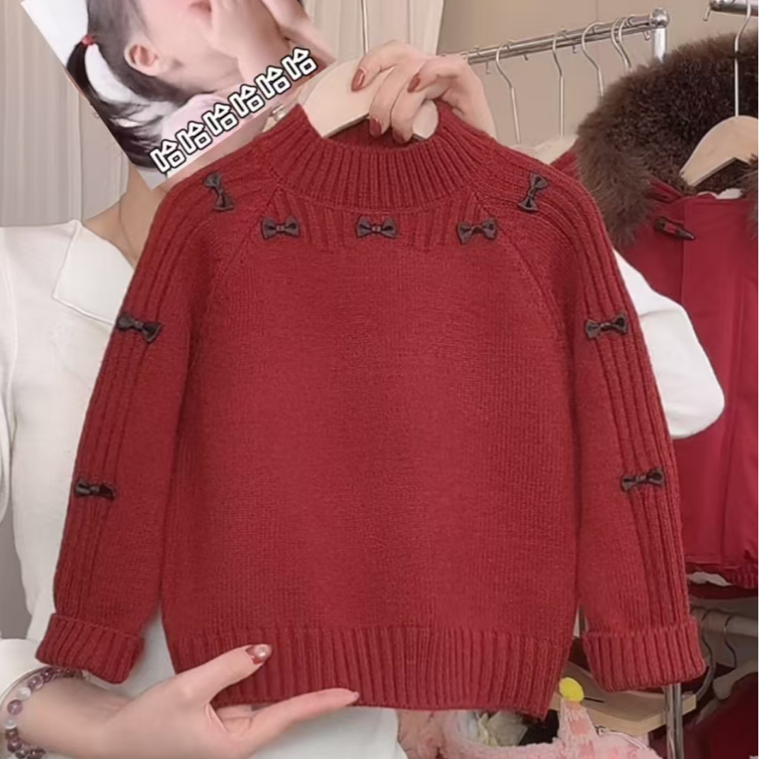 女童冬季新款针织毛衣蝴蝶结洋气百搭女宝宝保暖毛衣