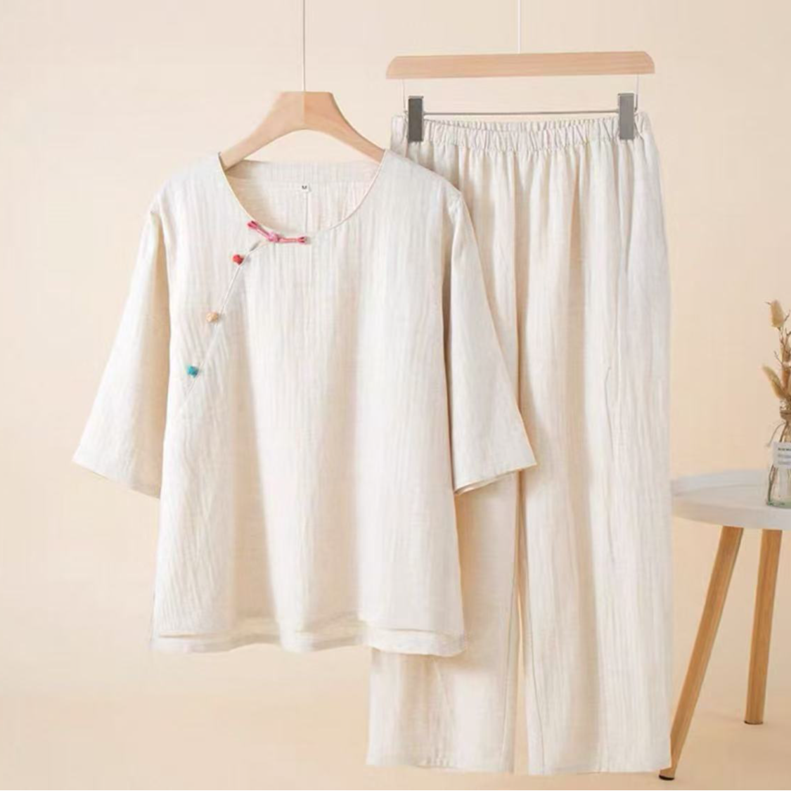 【雅趣】棉麻-圆领五彩扣七分袖九分裤睡衣套装 高工艺时尚款套装 