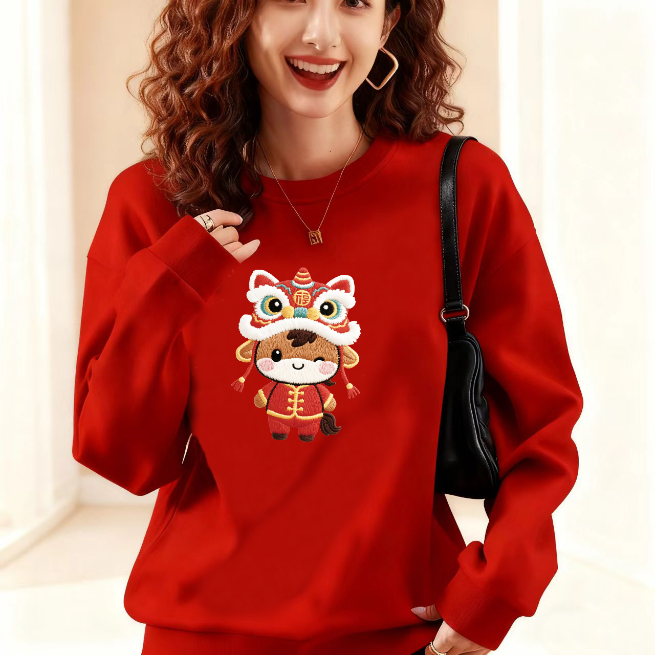  2026马年本命年红卫衣 印花圆领宽松国潮加绒加厚华棉男女红帽衫