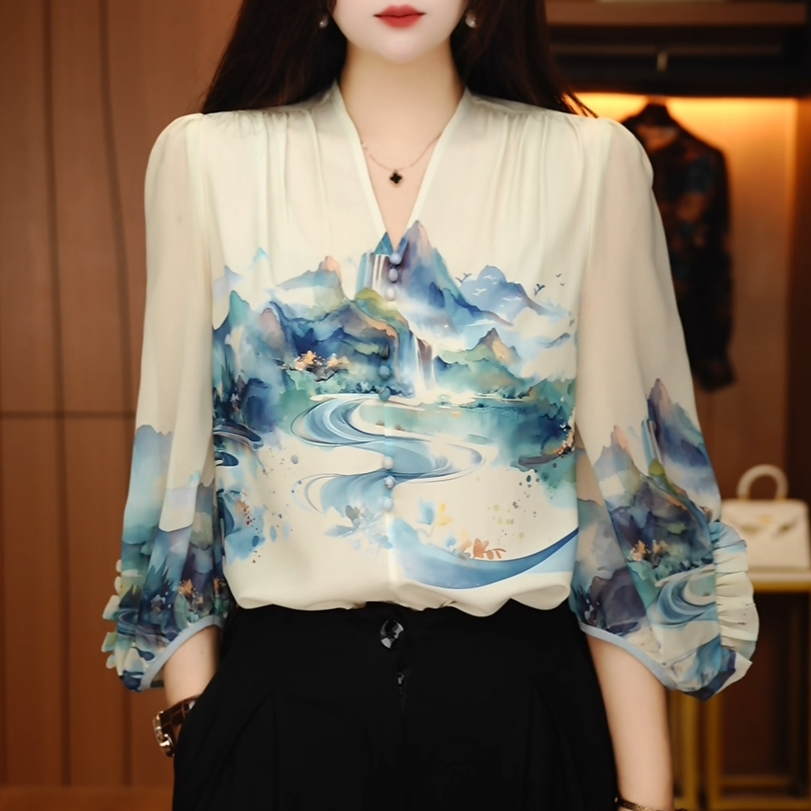 初凰W250118-新款琉璃双皱丝洋气时尚百搭显瘦休闲印花女士上衣