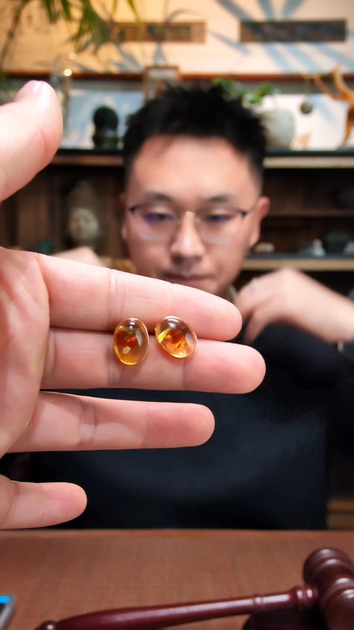 裸石琥珀（花珀）银S925镶嵌S925银花珀耳钉LXY