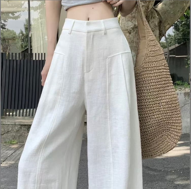 【带内衬+运费险】白色苎麻阔腿女2025夏季薄款高腰垂感麻料长裤
