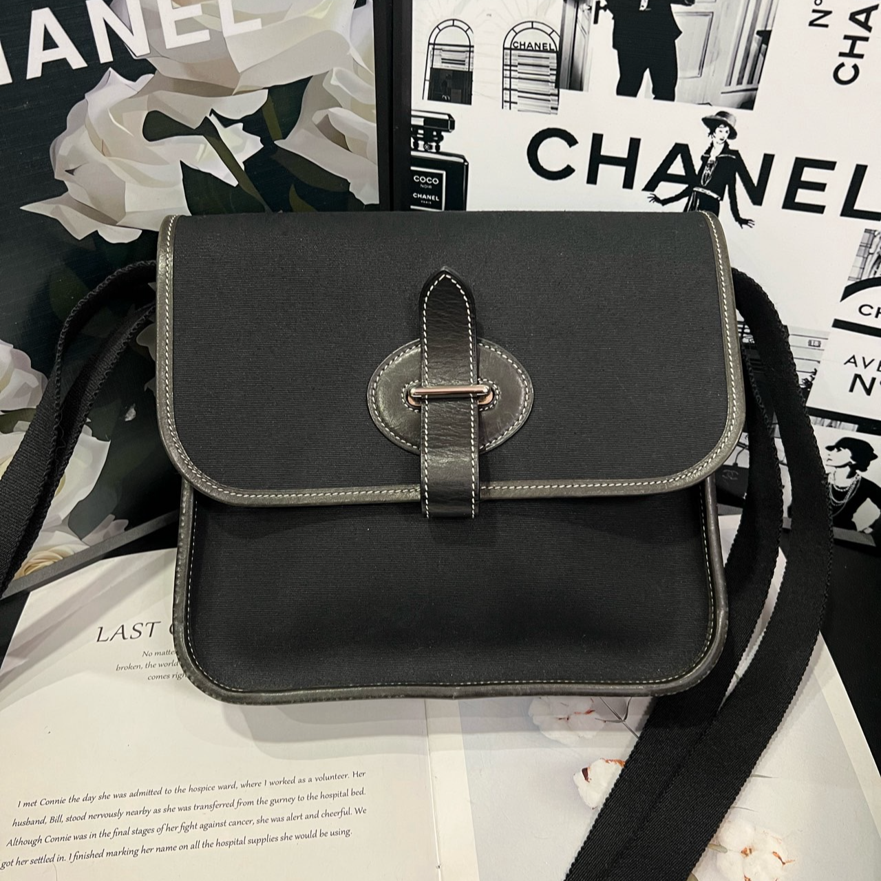 95新 Hermes/爱马仕 黑色帆布拼皮单肩包R4360