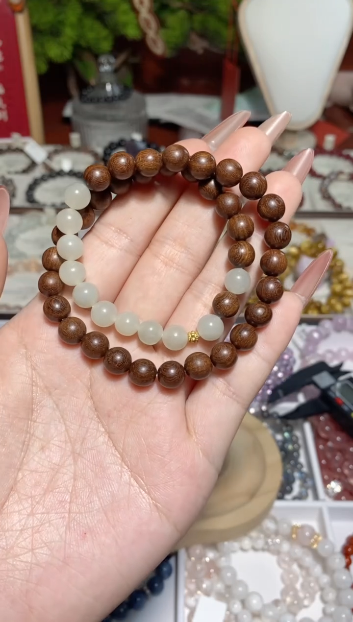 【闪购商品】水晶手串未镶嵌金丝檀木搭配和田玉半山半水系