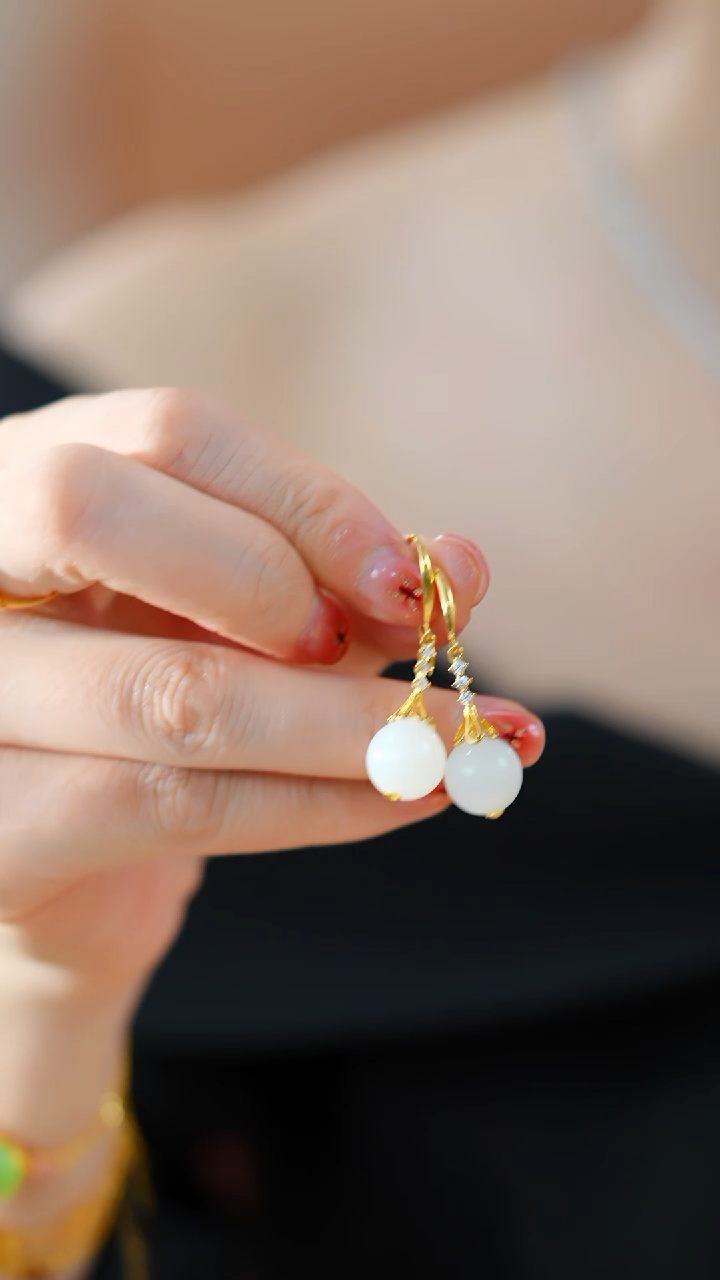 未镶嵌和田玉耳饰白玉转运珠耳坠HNZ11782