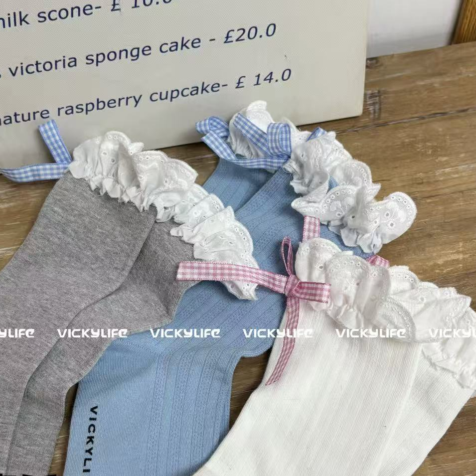 秋冬新款中筒女袜棉暗花工艺精致花边格子蝴蝶结搭配帆布靴乐福鞋