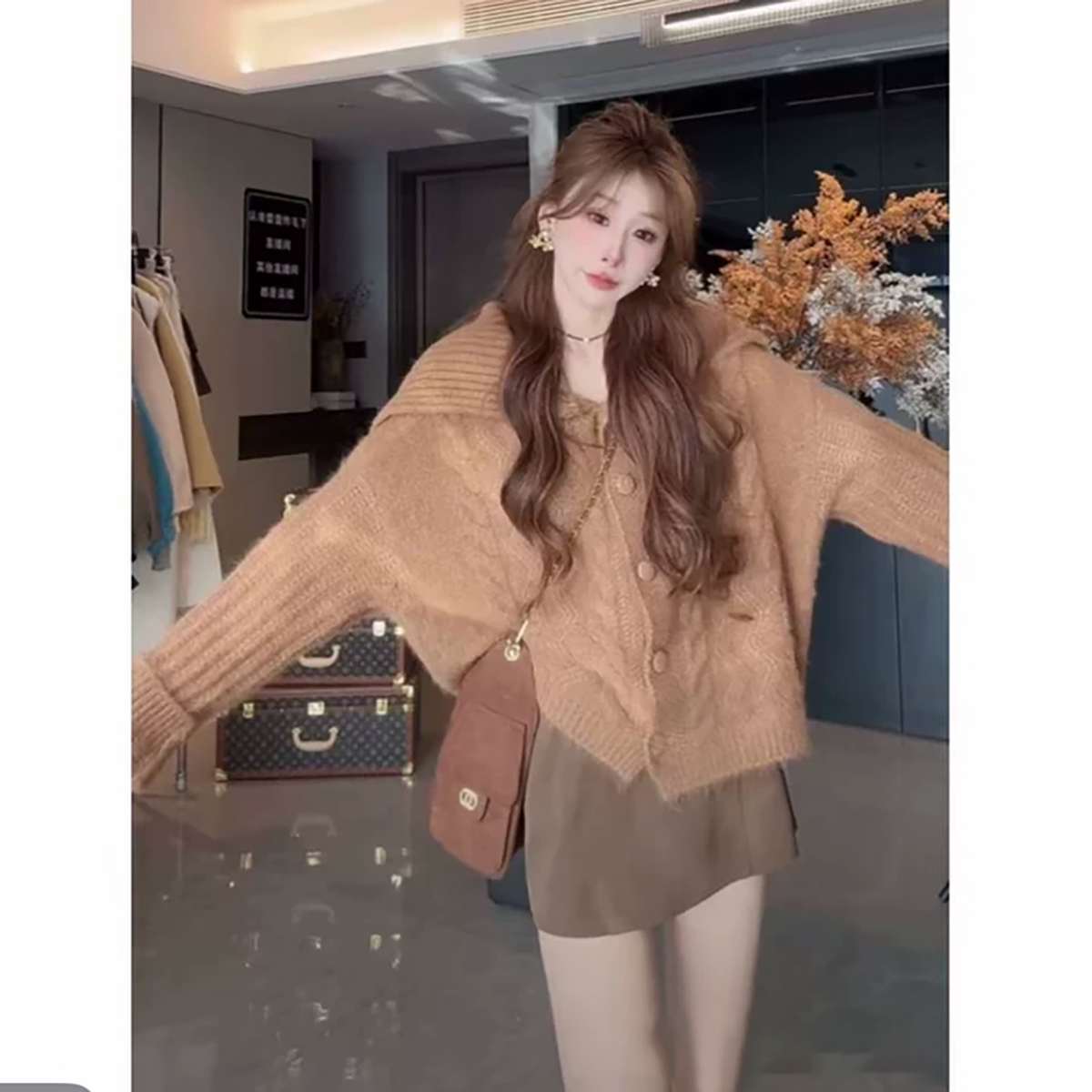 【3758】慵懒风设计感麻花毛衣针织衫外套女秋修身显瘦半身裙短裙