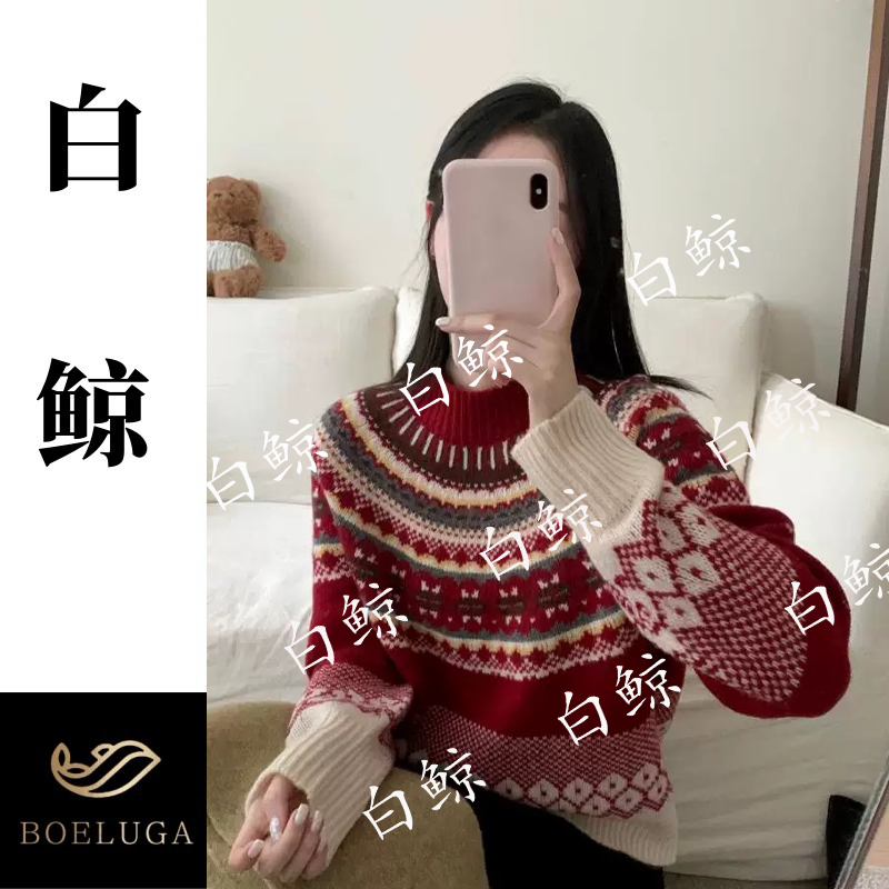 【白鲸】韩系复古费尔岛提花针织衫女圆领套头羊毛衫显瘦毛衣2876