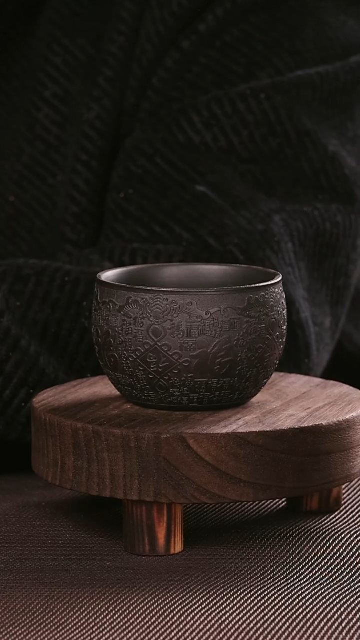 茶杯紫砂紫砂刻绘主人杯满福