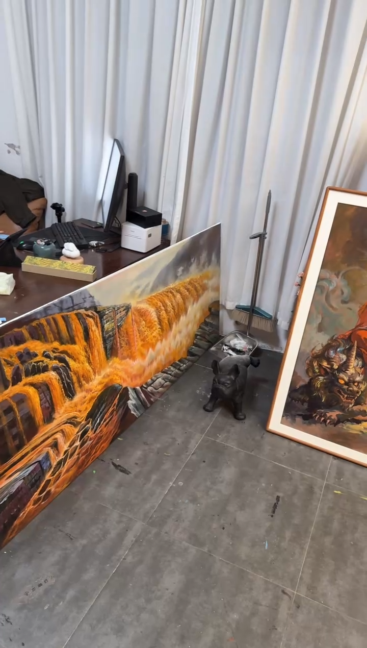 丙烯画1**9懒洋洋老师描金麒麟精装裱