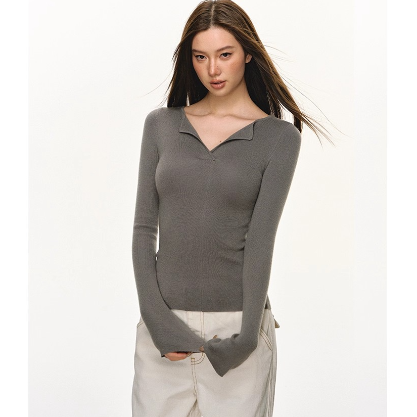 anna aneae羊毛翻领打底衫上衣女秋冬季独特修身短款正肩长袖t恤