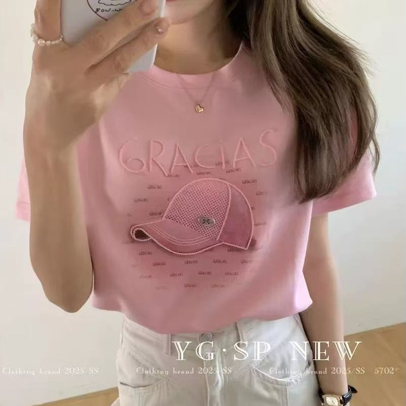 小鑫肝@现货浮力圆领帽子英文刺绣印花简宁百搭T恤 8606