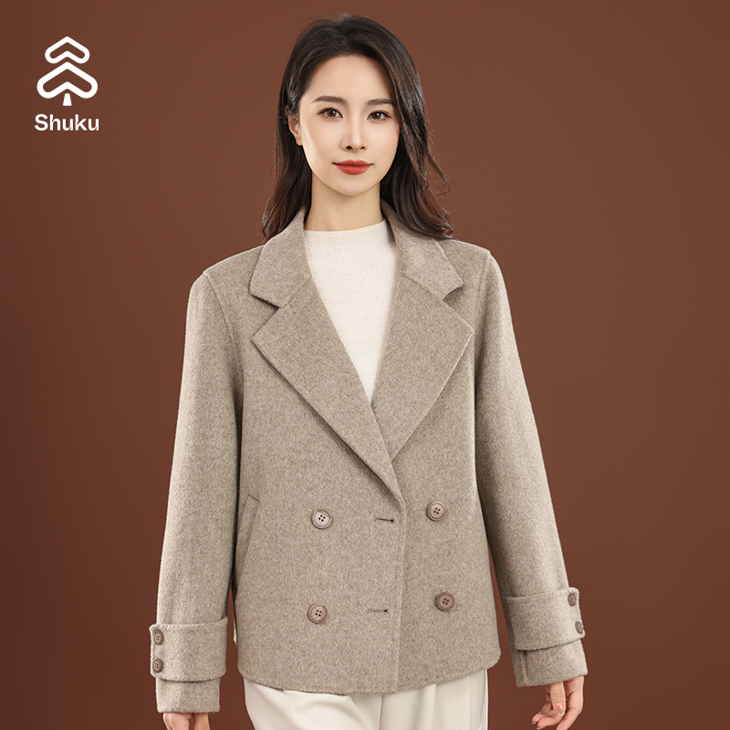 【舒库】100% 羊毛短款大衣女秋冬 复古双排扣西装领毛呢外套JJ6606