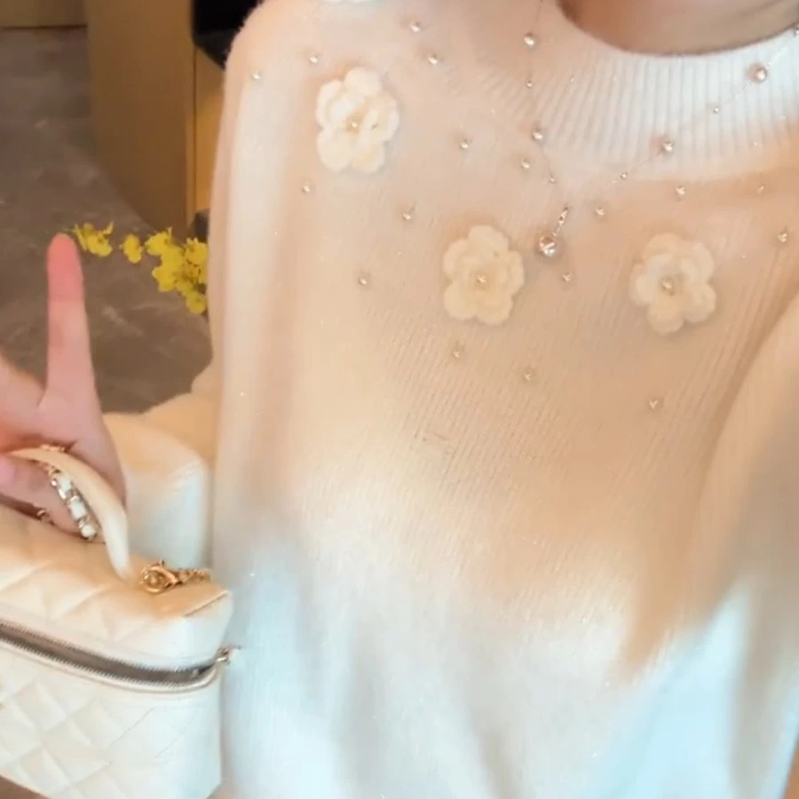 花朵针织ins休闲风显瘦钉珠毛针织衫气质长袖立领