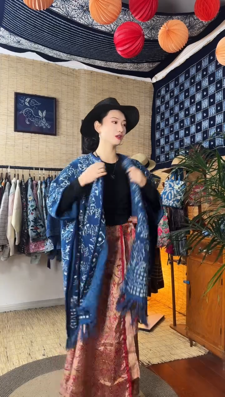 【闪购商品】设计师款蓝染流苏斗篷