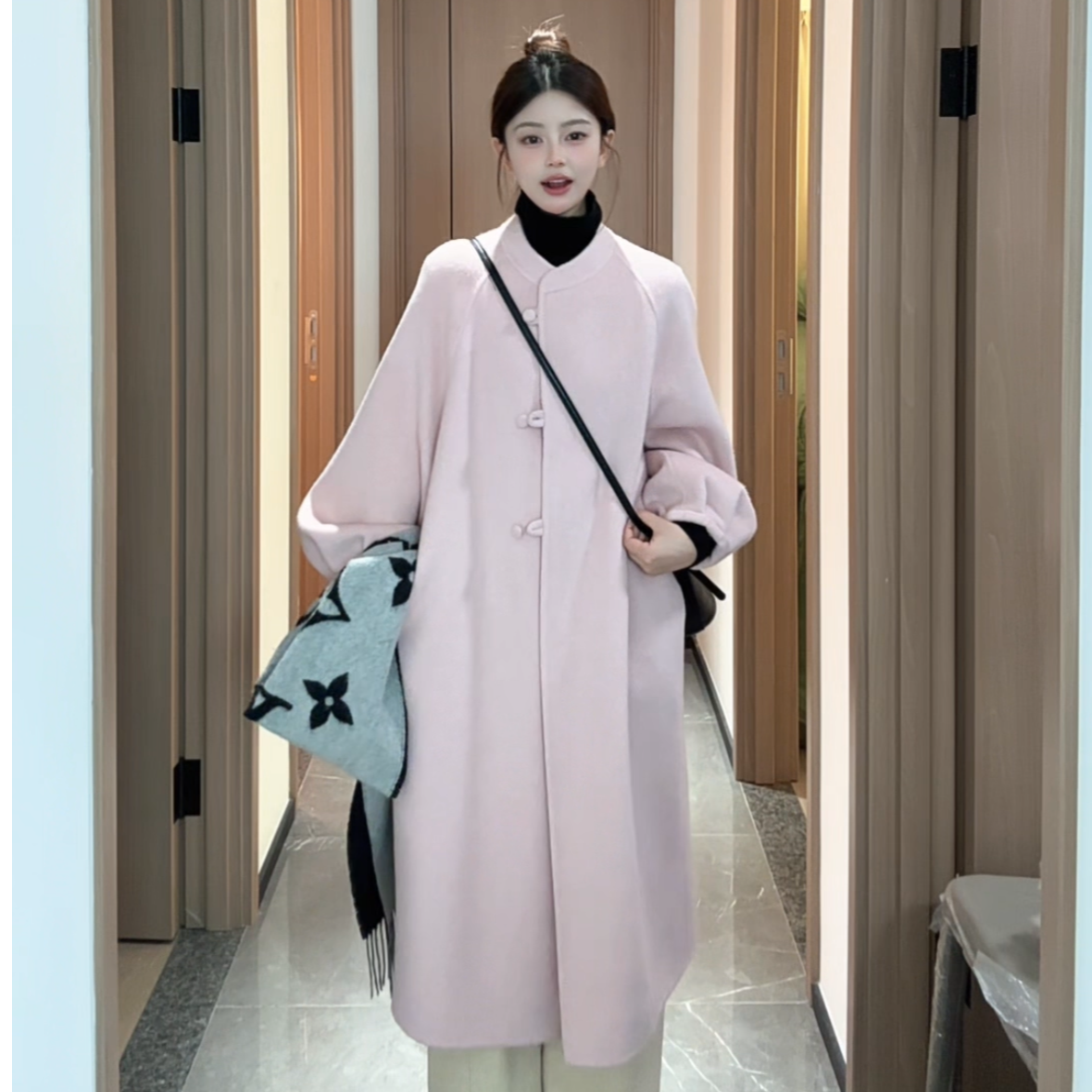 【五五专属】新中式简约宽松温柔风立领扣子时尚百搭羊毛大衣25913