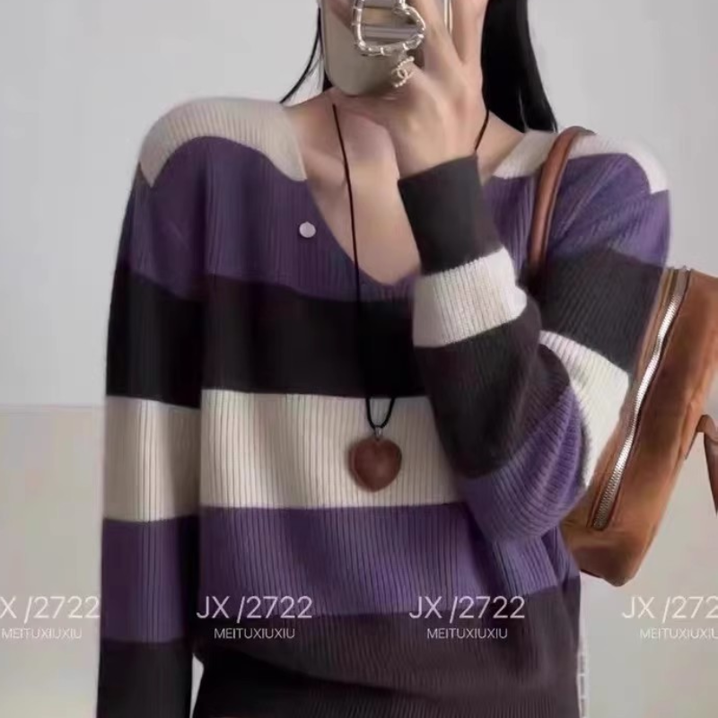 【拼色V领长袖-紫】秋冬百搭女士圆领长袖针织衫时尚显瘦休闲