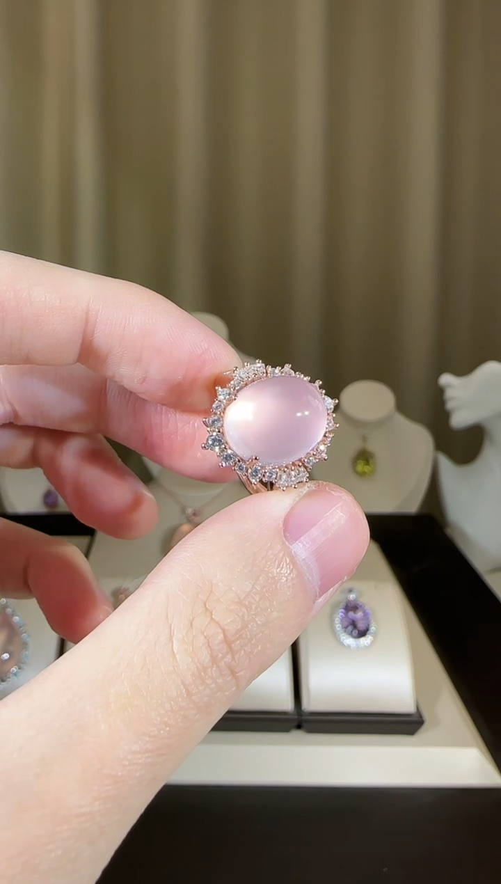 【闪购商品】芙蓉石戒指银S925镶嵌10*13mm星光粉水晶