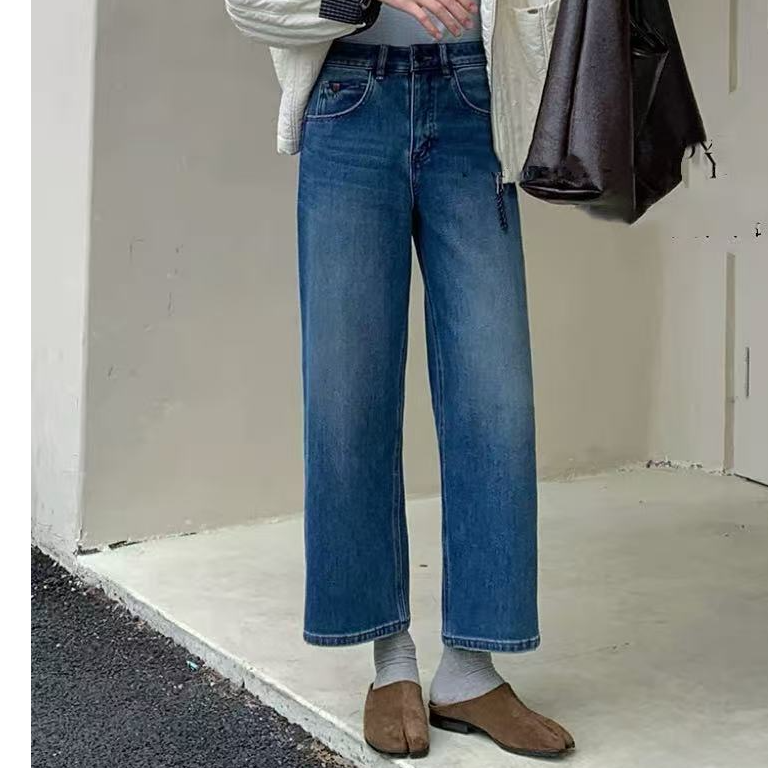 SU【962】代85 愫园  加绒直筒牛仔裤女2025冬季深蓝色特绒九分阔腿