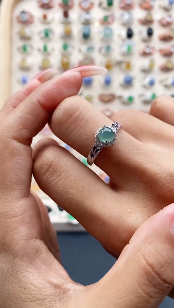 【闪购商品】翡翠戒指银S925镶嵌缅甸天然A货翡翠444 1+6