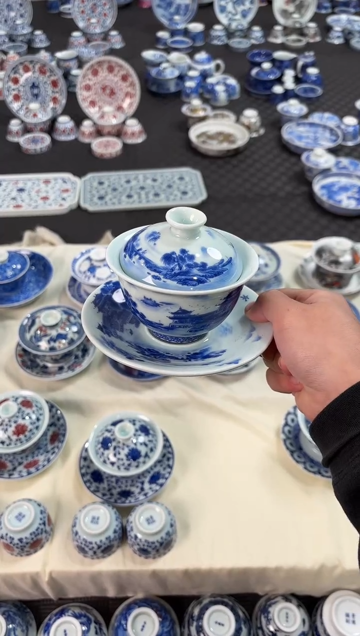 盖碗瓷景德镇陶瓷茶具青花山清水秀元宝盖碗19