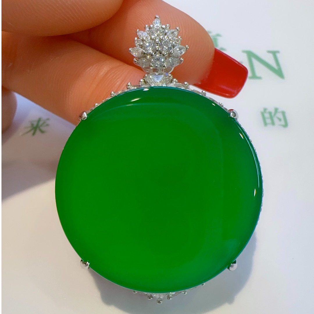 QIAOZUN/巧尊天然玉髓圆牌吊坠平安无事牌满绿辣色高品质简约大气