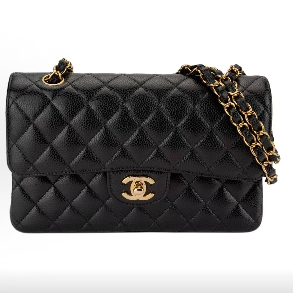 99新 Chanel/香奈儿 classicFlapCF皮穿链颗粒小牛皮黑金小号