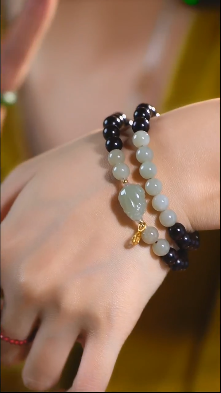 手串檀香紫檀（小叶紫檀）银S925镀金镶嵌紫檀和田貔貅双圈