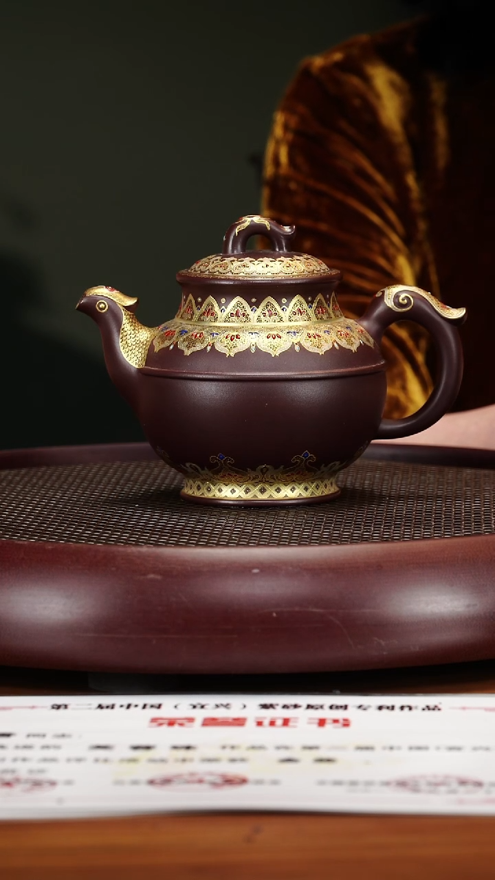 茶壶紫砂139YLX堆金珐琅凤鸣紫茄泥400c