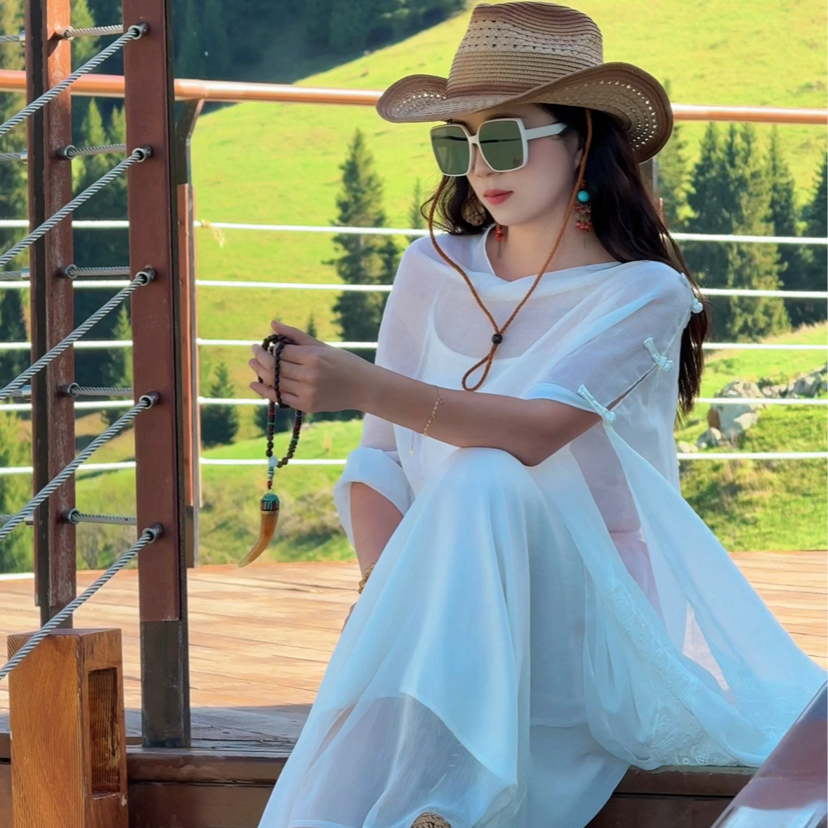 【宫佩Cocoa小苏】仙气文艺流苏长款纯白百搭旅行披肩洋气外搭