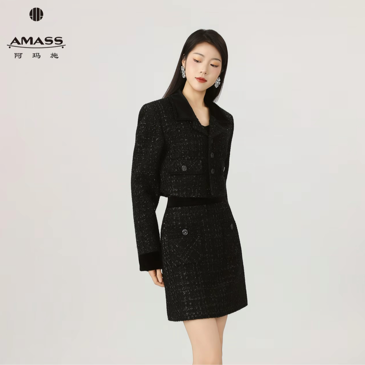 AMASS/阿玛施风千鸟格针织短款女时尚常规编织小香风气质540035