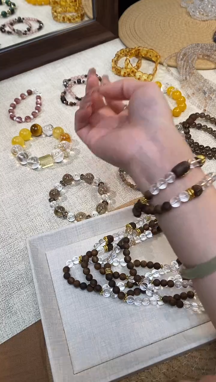 合金手链水晶《若水》白水晶奇楠沉香设计双圈7-8mm多样性发一