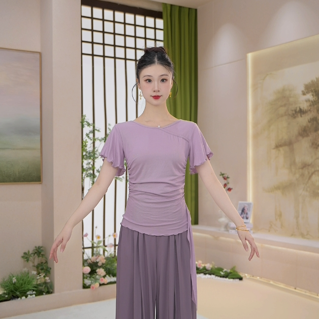 051荷叶袖飘带夏季修身舞蹈服练功服形体服上衣短袖跳舞服飘逸