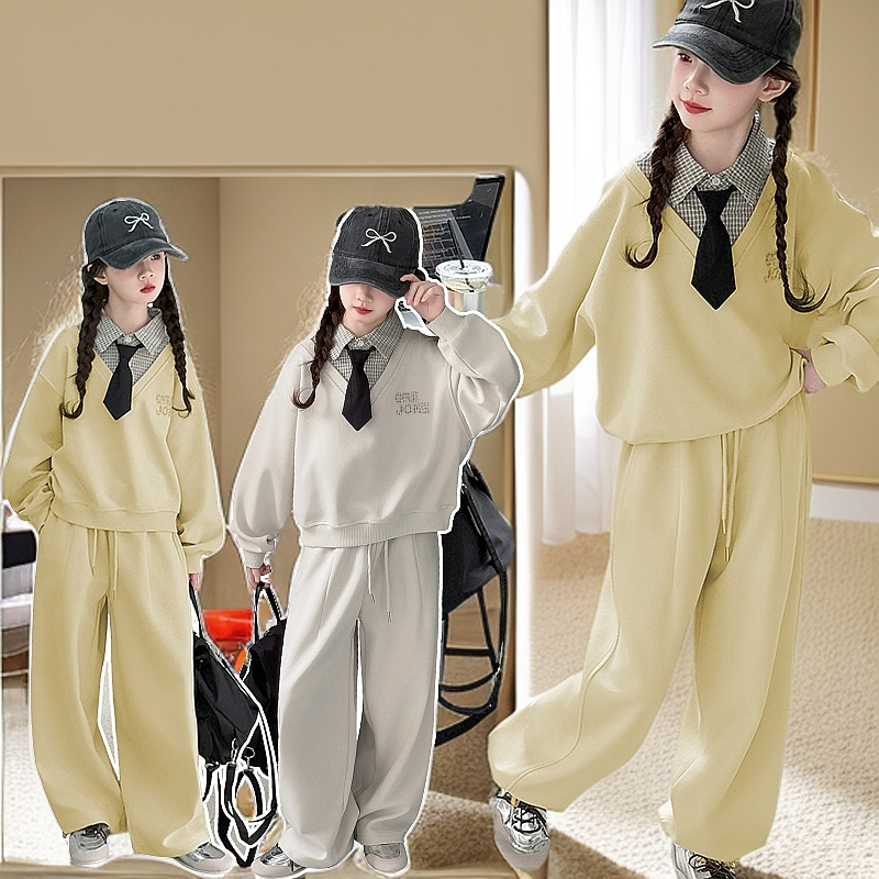 2025新款女童秋装套装韩版休闲学院风假两件卫衣中大童两件套潮款