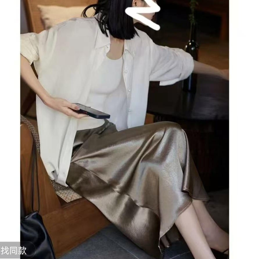 【松紧腰+拉链+侧开叉】珠光缎半身裙女新款夏季A字裙显瘦女装裙子