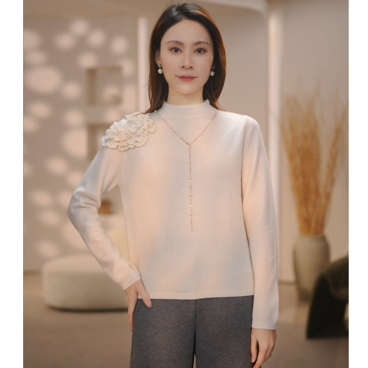 秋冬新款手工花设计师款半高领羊绒羊毛衫气质保暖常针织打底衫女