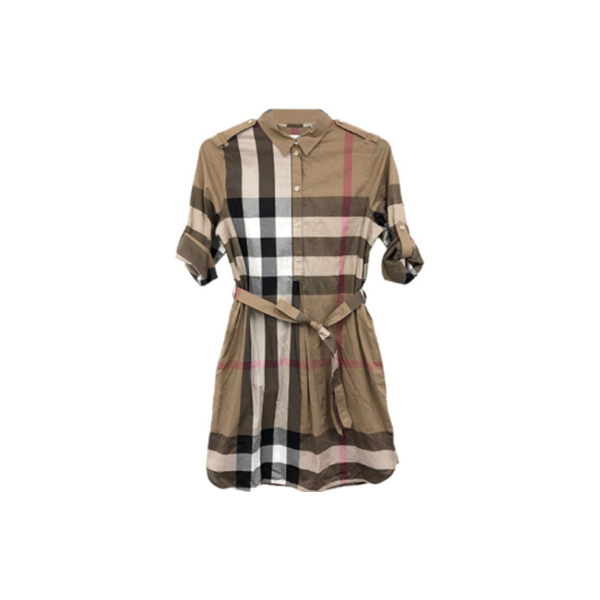 99新 BURBERRY/博柏利 SS22 格纹衬衫式单排扣五分袖短袖连衣裙
