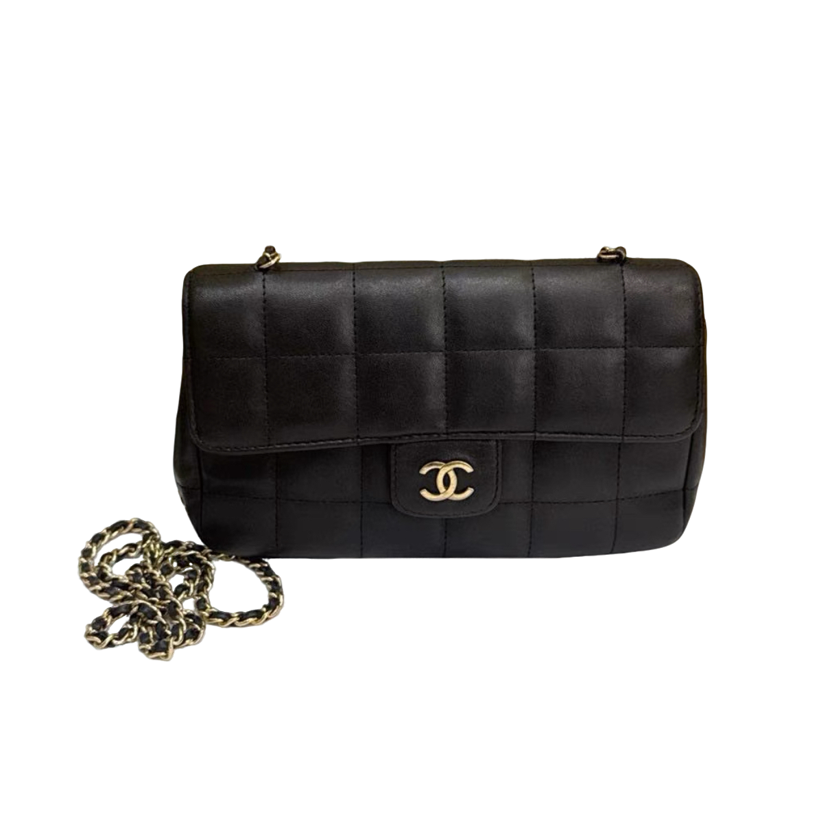99新 Chanel/香奈儿 黑金羊皮冰格纹斜挎链条包14开无卡