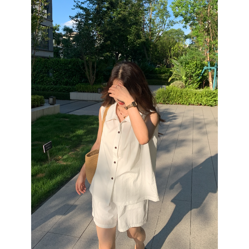 暴躁羊白色情书 无袖宽松藏肉套装内搭吊带小个子韩版棉麻上衣