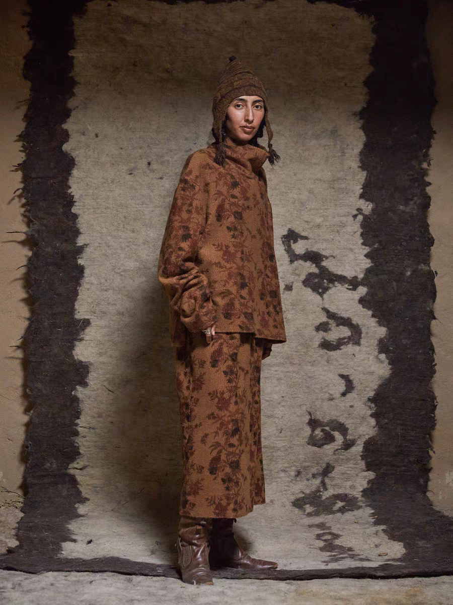 24FW4006茶花布时尚半裙保暖休闲棕色秋冬冬季女款加厚复古