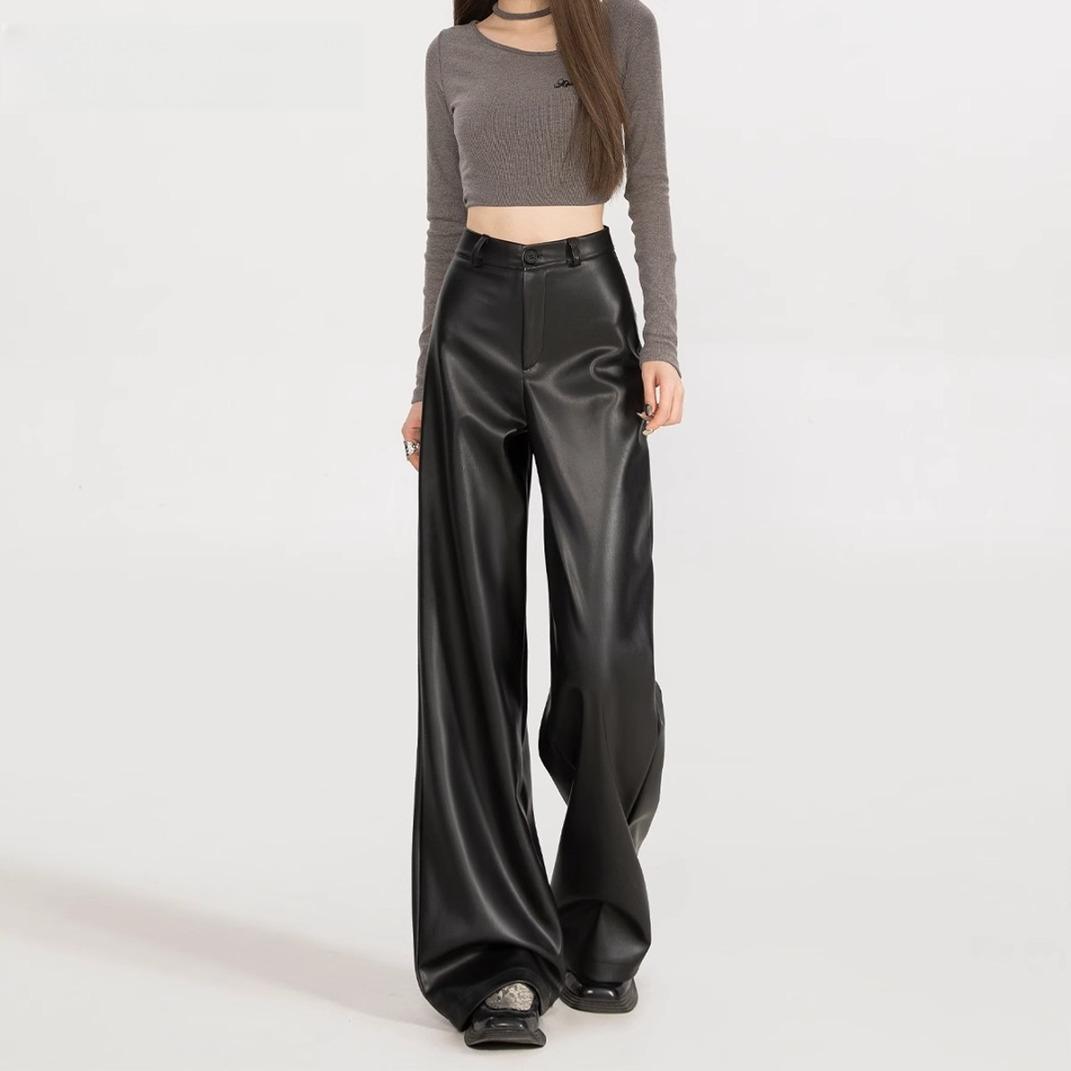 黑色皮裤女秋冬2025新款小个子PU皮加绒美式高腰垂感直筒阔腿裤子