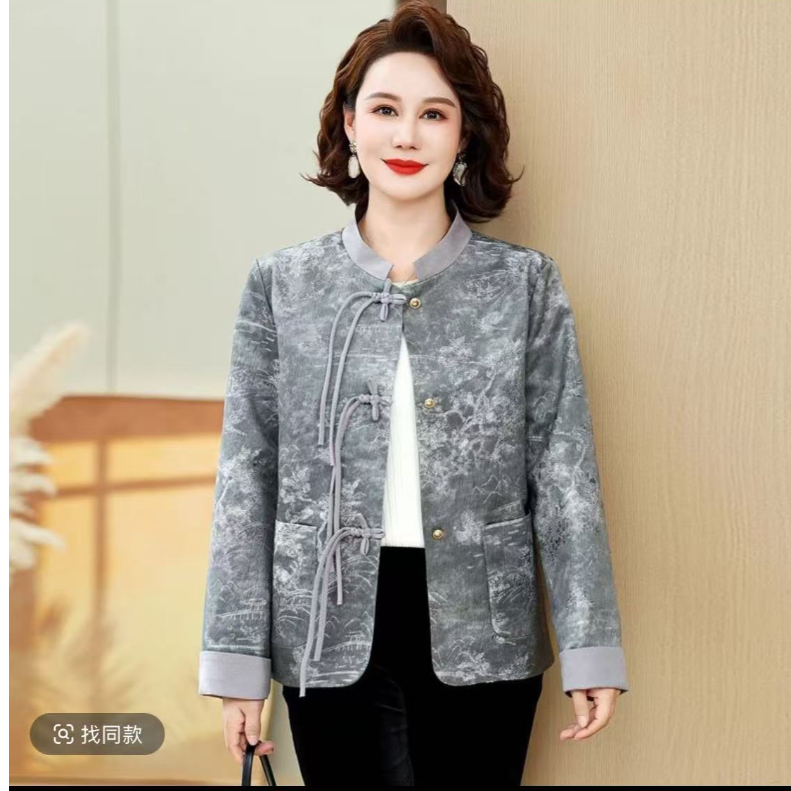 726-春秋碎花中老年女装口袋休闲厚款立领秋季复古薄款时尚洋气