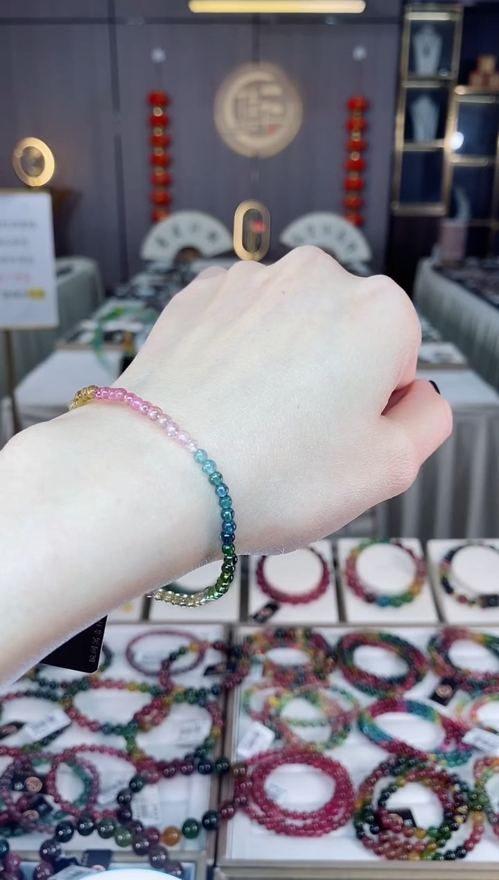 未镶嵌老矿碧玺色标彩虹净体单圈手串3mm+碧玺dan多样性发货一条