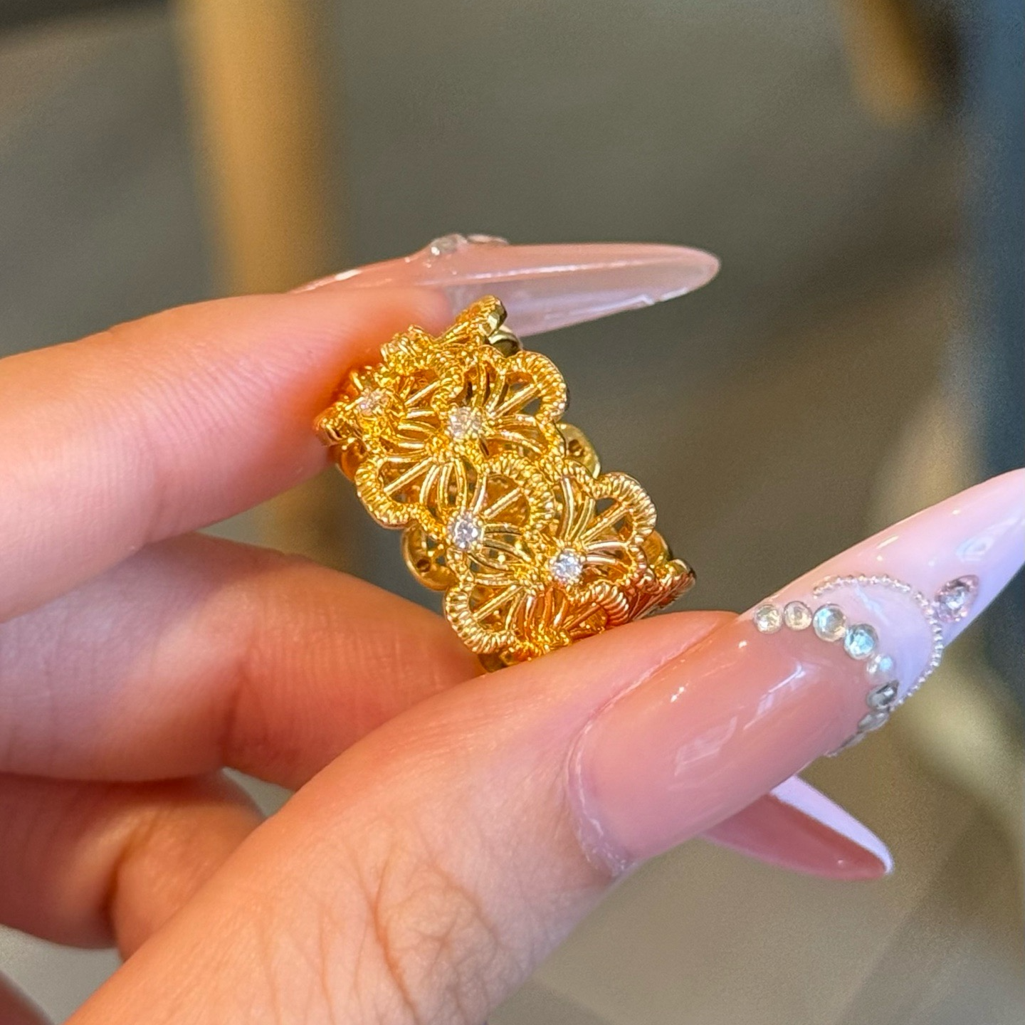 足金999 蕾丝扇形黄金戒指 精致大气复古宫廷风戒指