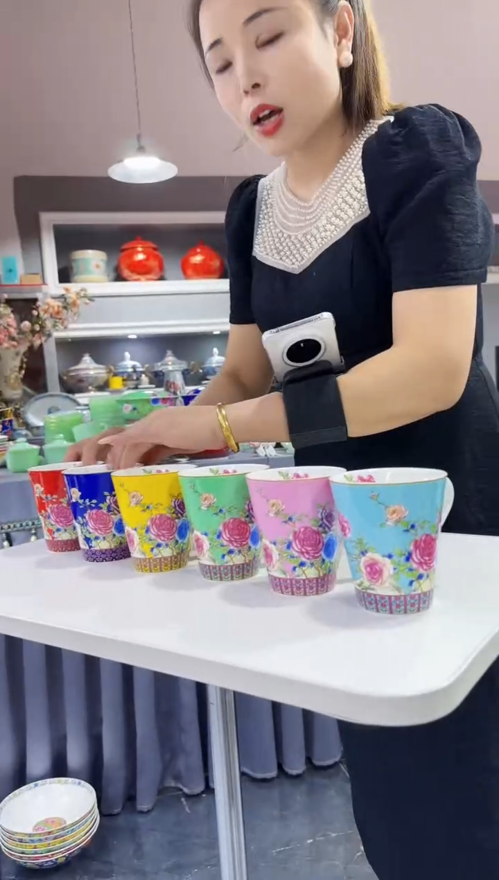 珐琅  牡丹花卉水杯6只装景德镇陶瓷